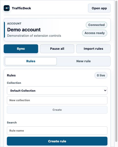 TrafficDeck extension popup with account status, Sync, Pause all and the Rules tab.